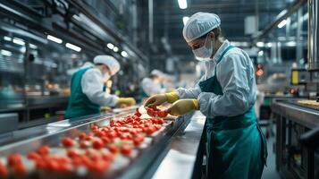 Workers organizing fresh tomatoes in a busy food processing facility during the daytime shift photo