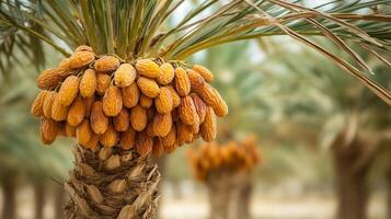 Ripening dates hanging from a palm tree in a lush oasis during sunny weather in the Middle East, showcasing nature's bounty photo