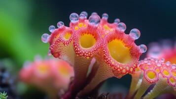 Brightly colored mushroom-like fungi with dew droplets in a close-up view in a lush forest setting during spring photo