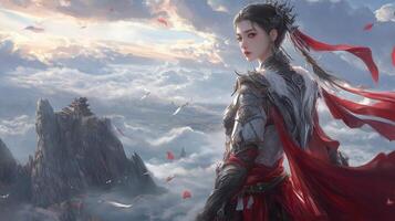 A fierce warrior stands poised on a mountaintop, gazing into the distance with a dramatic sky and distant architecture behind her photo