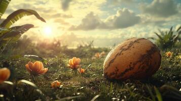 A watermelon resting on vibrant flowers in a lush green field during a tranquil sunset photo