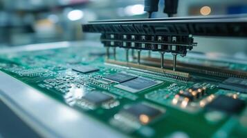 Close-up view of machinery assembling microchips on a circuit board in a high-tech manufacturing facility photo