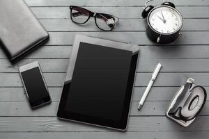 Working place, wooden table photo