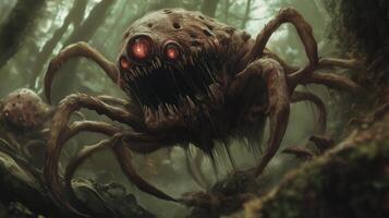 A terrifying creature lurks in a dark, eerie forest, displaying its menacing features under the dim light photo