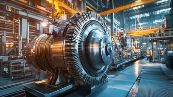 un de cerca ver de un grande turbina en un moderno industrial instalaciones durante luz horas exhibiendo avanzado maquinaria y tecnología foto