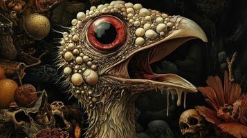 A surreal creature with a textured beak and bulging eyes stands against a dark, eerie backdrop filled with skulls and decaying objects photo