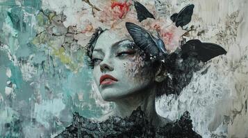 A striking portrait of a woman adorned with flowers and butterflies against an abstract background in a serene color palette photo