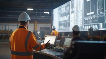Workers monitoring data in a high-tech control room at a manufacturing facility during daytime operations photo