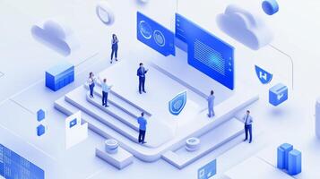 A collaborative digital workspace with professionals engaging around advanced data visualization and security concepts in an abstract blue environment photo