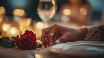 Romantic dinner setting with a candlelit table, a rose, and an engagement ring during an evening celebration photo