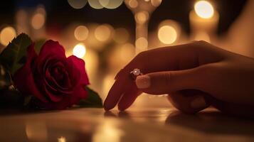 A romantic dinner setting featuring a hand with an engagement ring and a red rose illuminated by candlelight photo