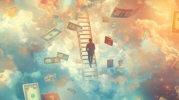 A figure ascends a ladder in a dreamlike landscape filled with floating money and ethereal clouds at twilight photo