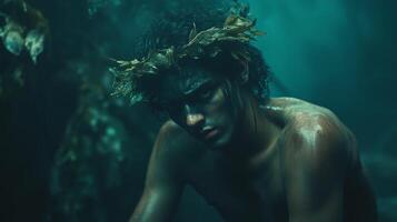 Young man wearing a leaf crown and war paint reflects in a dense jungle with dark greenery and mist during a mystical moment photo