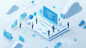 Digital transformation in a modern workspace with professionals collaborating on technology solutions in a virtual environment photo