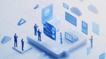 Business professionals analyzing data and cloud information in a virtual workspace during a digital transformation meeting photo