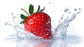 Fresh strawberry splashing into water creating vibrant droplets in a bright, clean setting photo