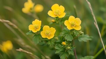 Delicate yellow flowers bloom in a lush green field during a sunny afternoon in early spring photo