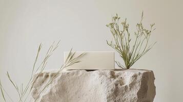 A minimalist display of a white rectangular object atop a textured stone with delicate greenery against a neutral backdrop photo