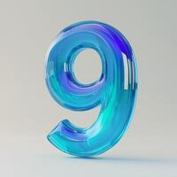 A large translucent blue number nine standing upright on a light background, showcasing a modern and artistic design photo