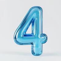 A translucent blue number four stands boldly against a soft white backdrop, showcasing unique light reflections and a modern design photo