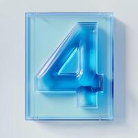 Stylish translucent blue number four displayed against a minimalist light backdrop, creating a modern aesthetic for various design contexts photo