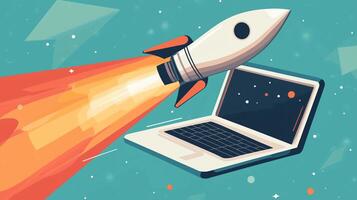 A rocket launches from an open laptop, symbolizing innovation and technology in digital environments photo