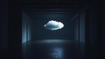 A solitary cloud suspended in a dimly lit interior space creates an ethereal atmosphere in a contemporary art installation photo