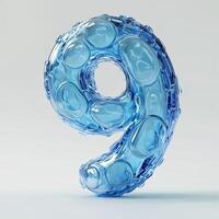 A creative representation of the number nine in translucent blue with bubble-like textures on a light background photo