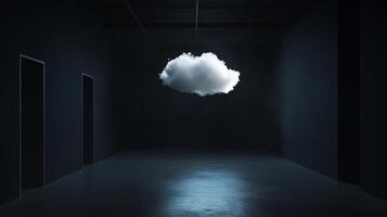 A solitary cloud floating in a dimly lit room with dark walls and a reflective floor, creating an intriguing atmosphere photo
