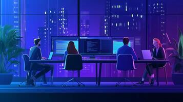 Team collaboration in a modern office with city skyline at night focusing on technology and programming tasks photo