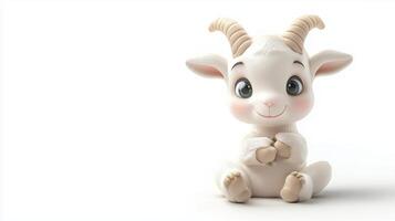 A cute goat figurine sits happily on a white background, showcasing its playful expression and adorable features in bright daylight photo