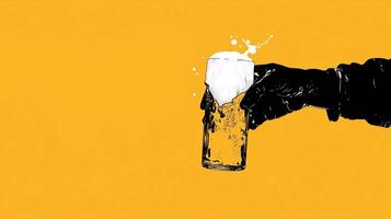 A hand in black gloves holds a glass of beer with frothy foam against a bright yellow background, conveying a festive mood photo