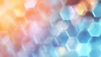 Colorful hexagonal patterns create a mesmerizing blurred background with soft light effects in vibrant hues of orange and blue photo