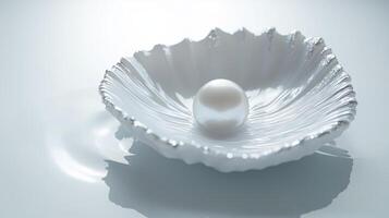 A single pearl nestled in a delicate white shell resting on a smooth surface illuminated by soft light photo