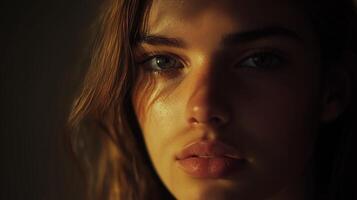 A close-up of a young woman's face illuminated by soft, natural light, revealing expressive features and a serene expression photo