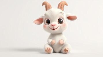 Cute animated goat character sitting happily with big eyes and a friendly smile in a bright, simple setting photo