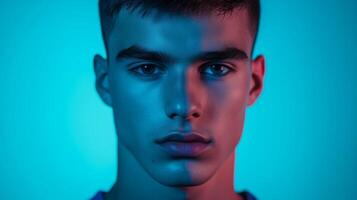 Young man with intense gaze illuminated by blue light in a dramatic portrait taken in a studio setting during twilight photo