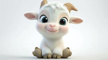 Cute animated goat with big eyes sitting happily against a plain background, showcasing its charming features and playful demeanor photo