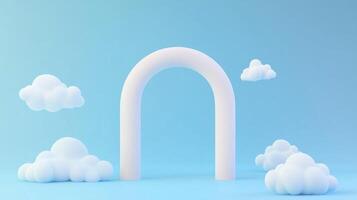 A whimsical white arch surrounded by fluffy clouds against a serene blue background creating a dreamy atmosphere photo