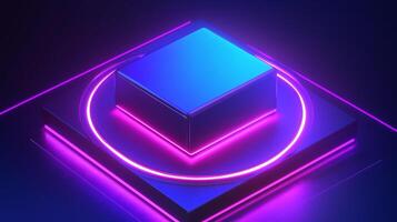 A glowing blue and purple block centered on a dark surface with radiant circular neon lights creating a futuristic ambiance photo