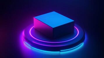 A glowing cube illuminated by vibrant blue and pink lights on a circular platform in a dark environment photo