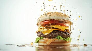 Juicy hamburger with cheese, lettuce, and tomato surrounded by splashes of sauce on a clean white background photo