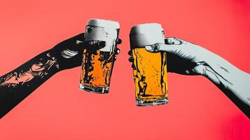 Cheers with colorful beer glasses against a vibrant pink background celebrating friendship and good times photo