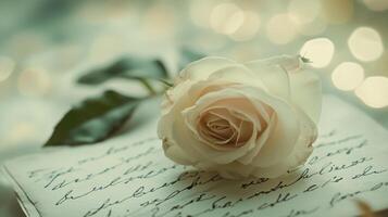 A delicate white rose resting on an old letter with soft bokeh lights in the background, creating a romantic atmosphere photo