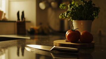 Fresh ingredients and a sharp knife on a kitchen counter during evening light photo