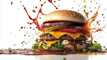 Juicy hamburger with cheese and vegetables splashed with sauce on a white background photo