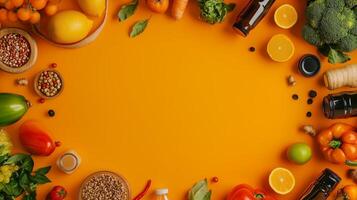 Fresh vegetables and fruits arranged on a vibrant orange backdrop creating a colorful culinary display in a kitchen setting photo