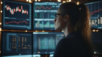 Professional analyst monitors stock market trends on multiple screens during evening hours in a modern office environment photo