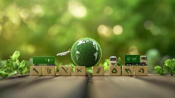Creative representation of sustainable transport and eco-friendly practices with miniature globe and vehicles on wooden surface photo