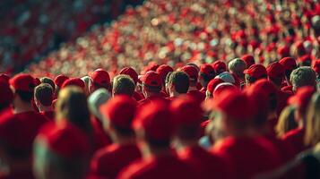 A sea of red hats fills the stadium during a lively sporting event in the late afternoon sunshine, capturing the excitement of the crowd photo